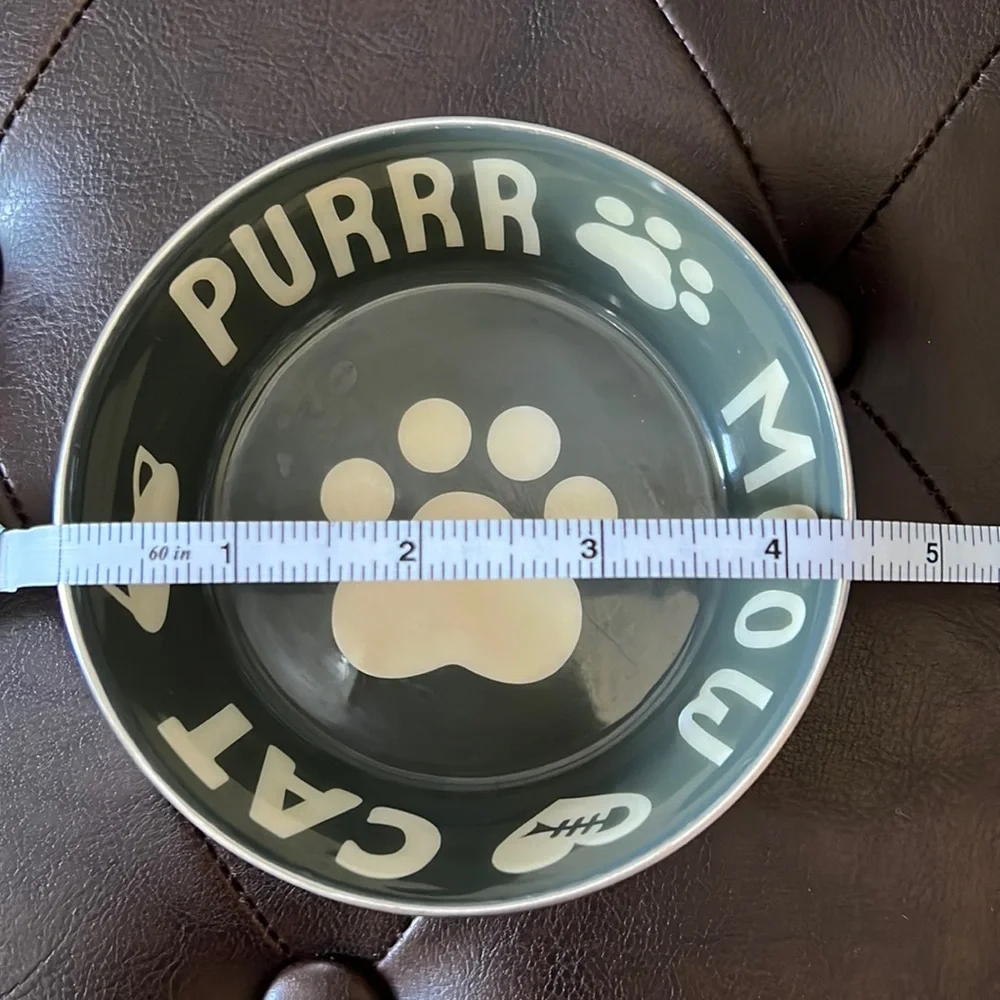 Pre-owned set of two cat food bowls, outside of bowl is stainless steel.